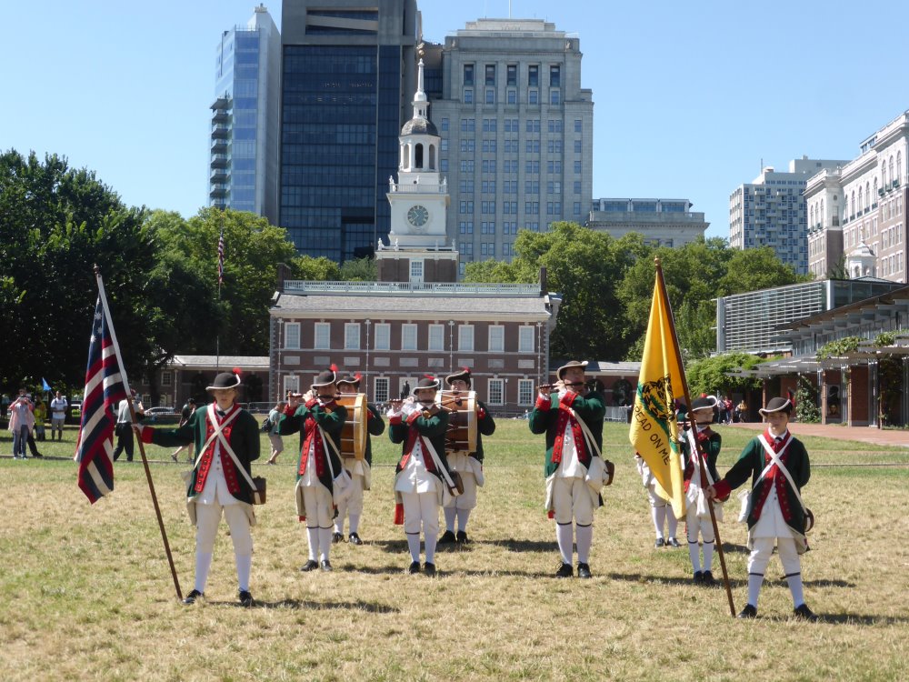 A Revolutionary War marching band from Michigan standing in front of Independence Hall in Philadelphia, Pennsylvania