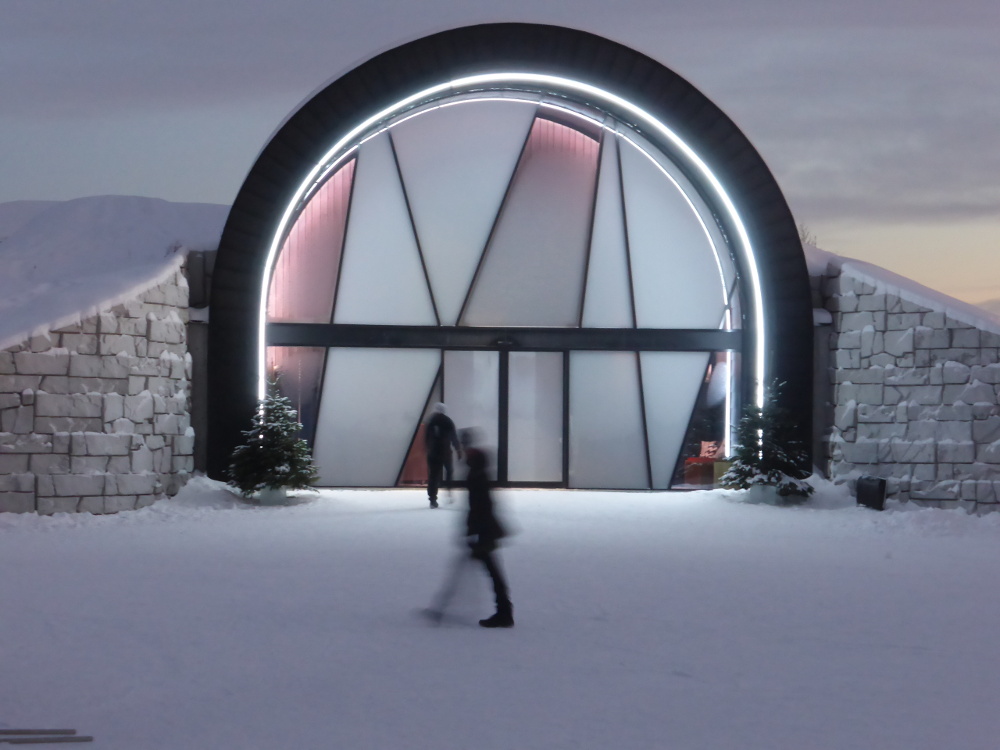 A view of a permanent structure at the Icehotel in Sweden.